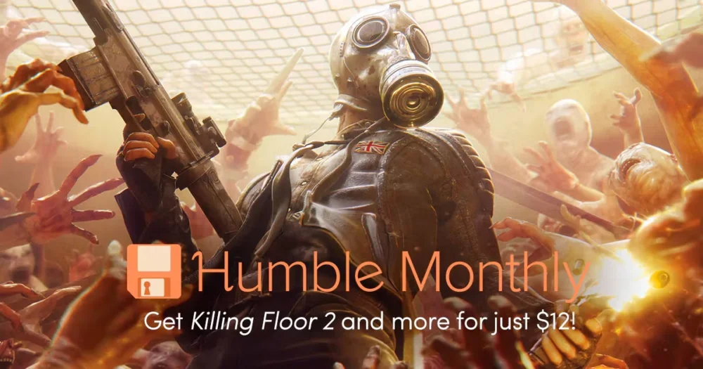 Humble Monthly 2017年9月バンドル案内バナー画像（Killing Floor 2などが12ドルで手に入るテキストとガスマスク兵士のキービジュアル）