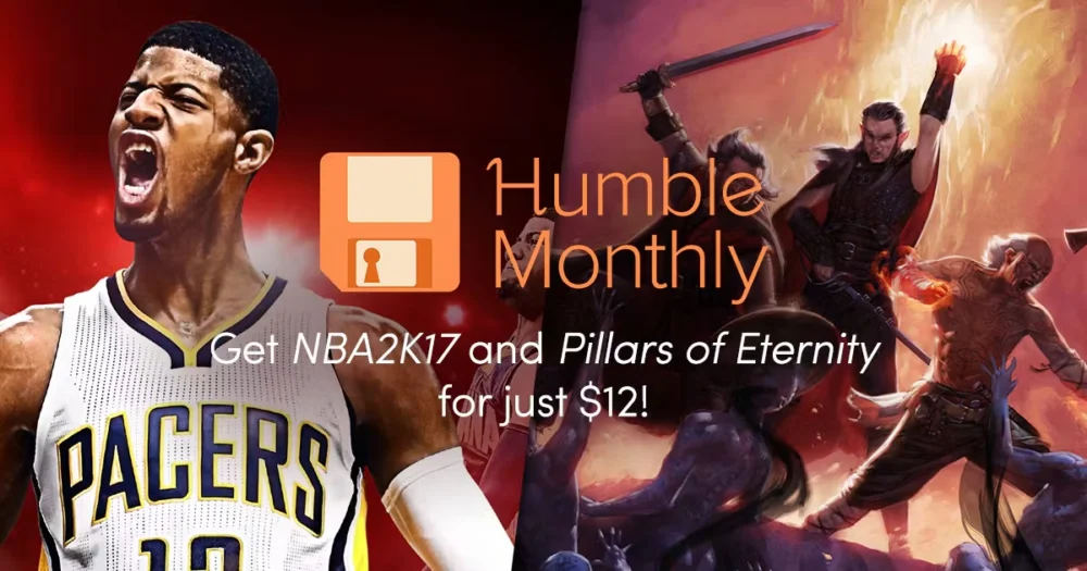 Humble Monthly 2017年9月バンドル案内バナー画像（NBA 2K17とPillars of Eternityが12ドルで手に入るテキストとキービジュアル）