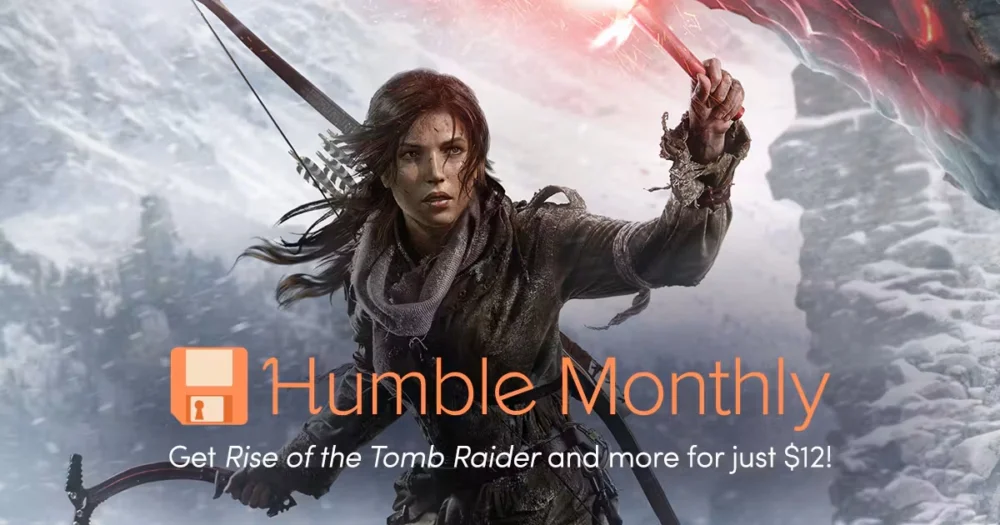 Humble Monthly 2017年10月バンドル案内バナー画像（Rise of the Tomb Raiderなどが12ドルで手に入るテキストとララ・クロフトのキービジュアル）