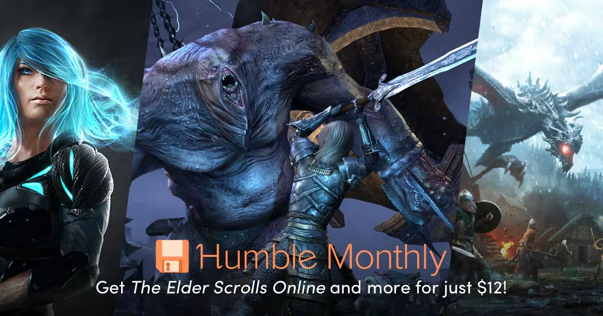 Humble Monthly 2017年11月バンドル案内バナー画像（The Elder Scrolls Onlineなどが12ドルで手に入るテキストとQuake ChampionsやESOのキービジュアル）