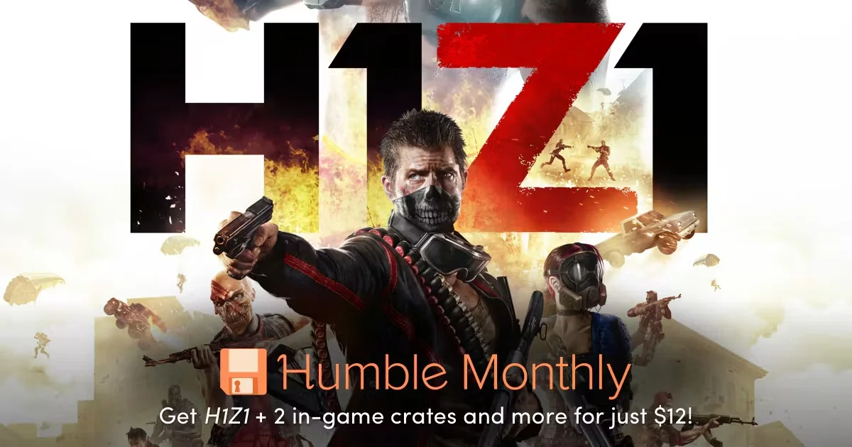 Humble Monthly 2017年12月バンドル案内バナー画像(H1Z1とインゲームクレート2個などが12ドルで手に入るテキストとH1Z1のキービジュアル)