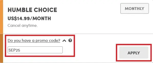 Humble Choice クーポンコード入力画面