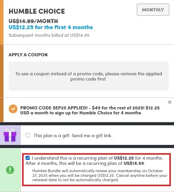 Humble Choice クーポン適用後の支払い方法選択画面