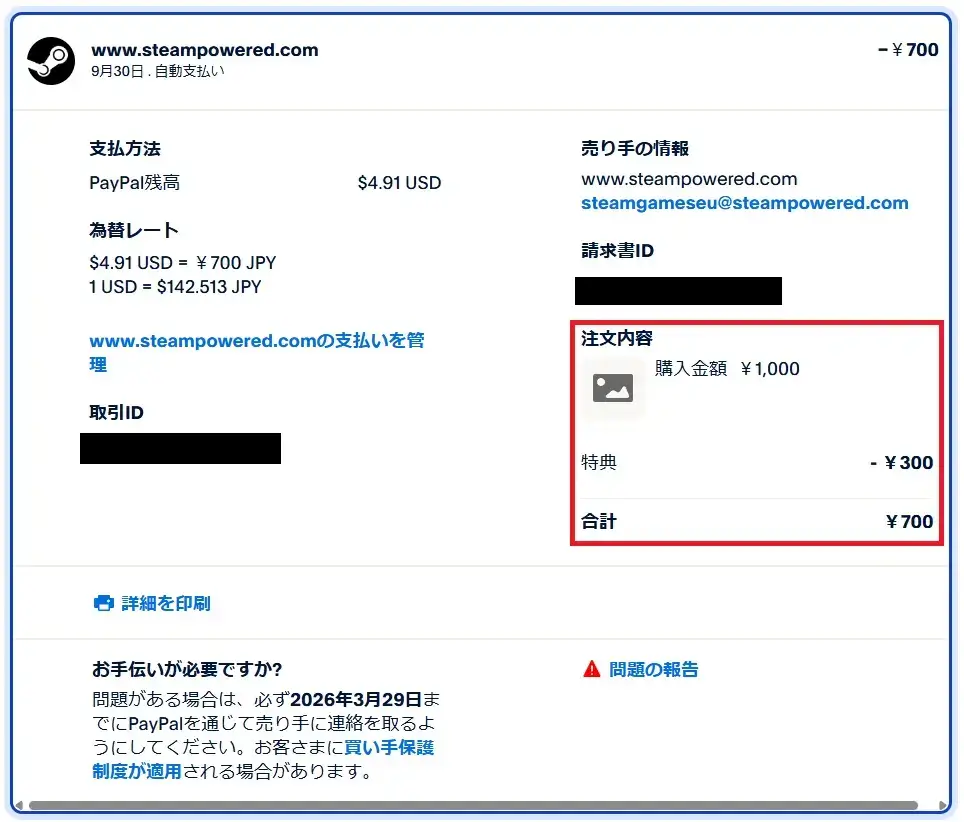 paypal　取引履歴画像のクーポン割引