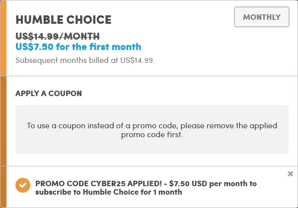 Humble Choice 2025年11月 クーポン「CYBER25」適用画面