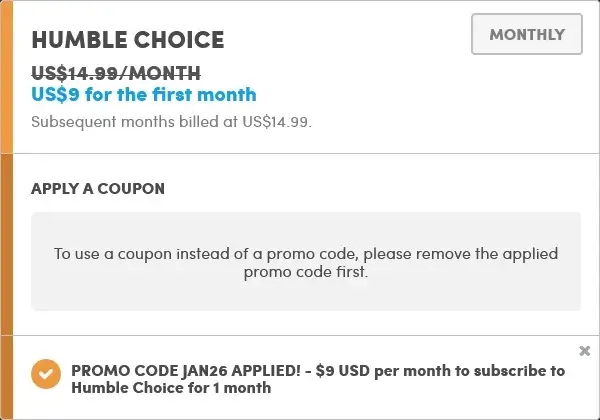 Humble Choice 2026年1月 クーポン適用画面