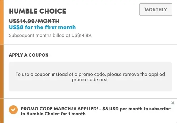 Humble Choice 2026年3月 クーポン適用画面