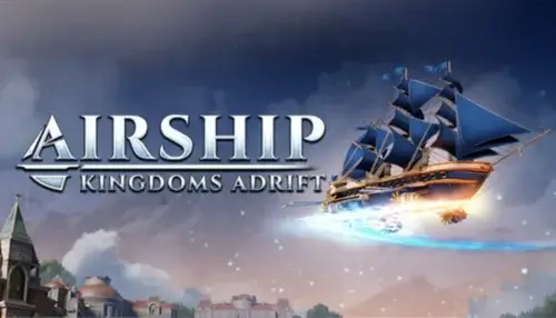Amazon Lunaで無料配布中の飛空艇シミュレーションRPG『Airship: Kingdoms Adrift』のタイトルロゴと大空を飛ぶ飛空艇のイラスト