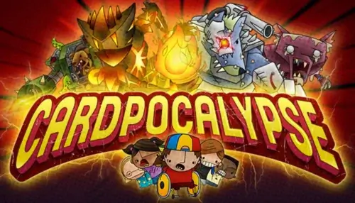 Epic Games Storeで無料配布中のカードバトルRPG『Cardpocalypse』のタイトルロゴとモンスター・子どもたちのイラスト