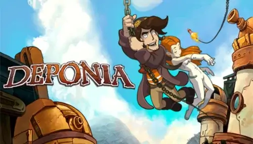 Steamで無料配布中のアドベンチャーゲーム『Deponia』のタイトルロゴとコミカルなキャラクターイラスト