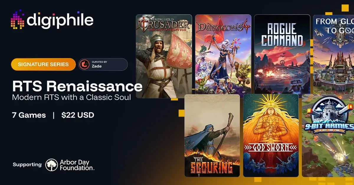 Digiphileの『RTS Renaissance』バナー画像と『Dungeons 4』『Godsworn』などRTSゲーム7作品のジャケットイラスト