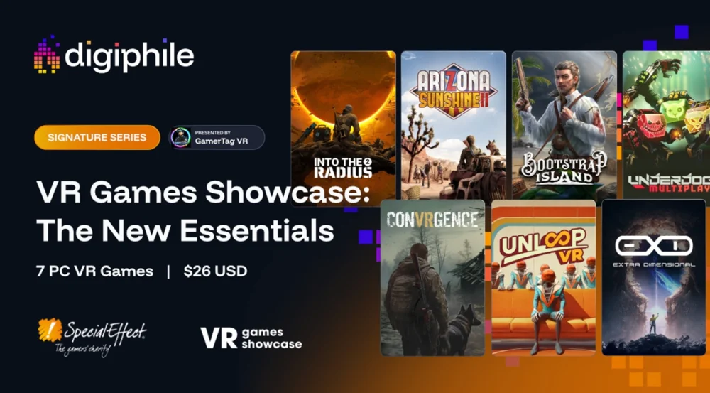 Digiphileの『VR Games Showcase: The New Essentials』バナー画像と『Arizona Sunshine II』など7作品のゲームジャケット