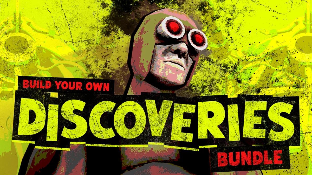 Fanaticalの『Build your own Discoveries Bundle』バナー画像とレトロ調キャラクターのイラスト