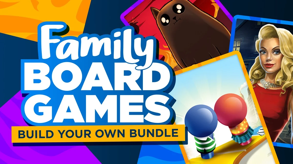 Fanatical『Build your own Family Board Games Bundle』の公式バナー画像とボードゲームカードのイラスト