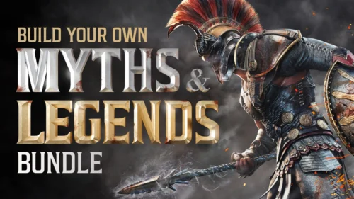 Fanaticalの『Build your own Myths and Legends Bundle』バナー画像と古代ギリシャ風戦士のイラスト