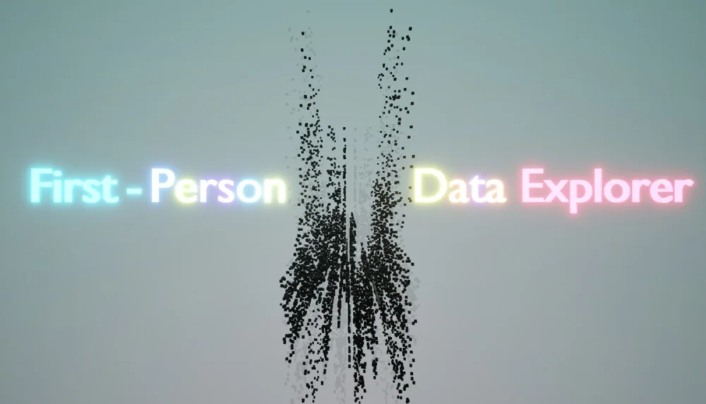 Steamで8月24日に有料化予定のソフト『First-Person Data Explorer』のネオンカラーロゴとデータ粒子のイラスト