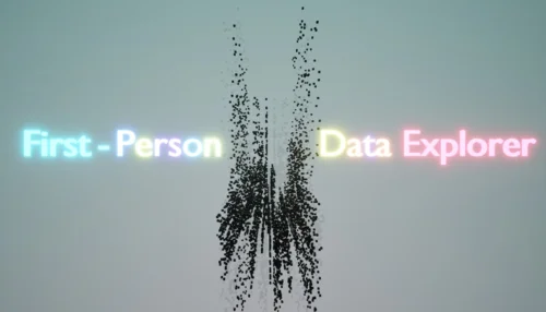 Steamで8月24日に有料化予定のソフト『First-Person Data Explorer』のネオンカラーロゴとデータ粒子のイラスト