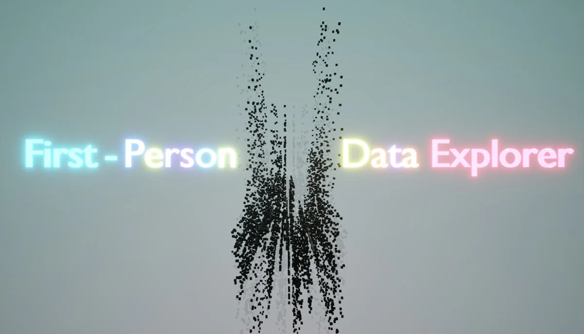 Steamで8月24日に有料化予定のソフト『First-Person Data Explorer』のネオンカラーロゴとデータ粒子のイラスト