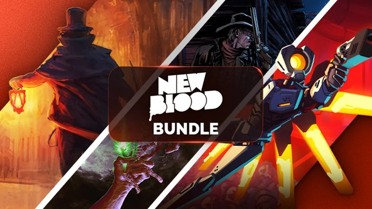 reen Man Gamingの『New Blood Bundle』バナー画像と『ULTRAKILL』『Gloomwood』などのゲームイラスト