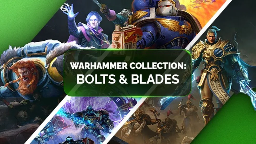 Green Man Gamingの『Warhammer Collection: Bolts & Blades』の公式バナー画像とキャラクターイラスト