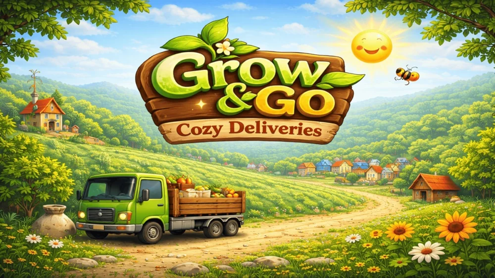 Epic Games Storeで無料配布中のゲーム『Grow & Go: Cozy Deliveries』のタイトルロゴと作物を積んだトラックのイラスト