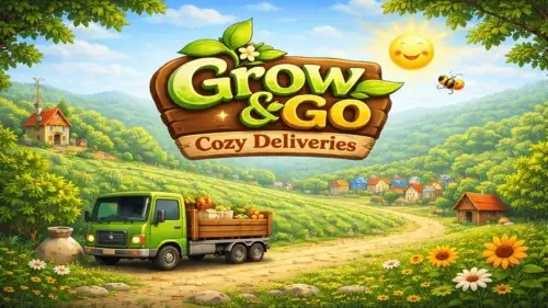 Epic Games Storeで無料配布中のゲーム『Grow & Go: Cozy Deliveries』のタイトルロゴと作物を積んだトラックのイラスト