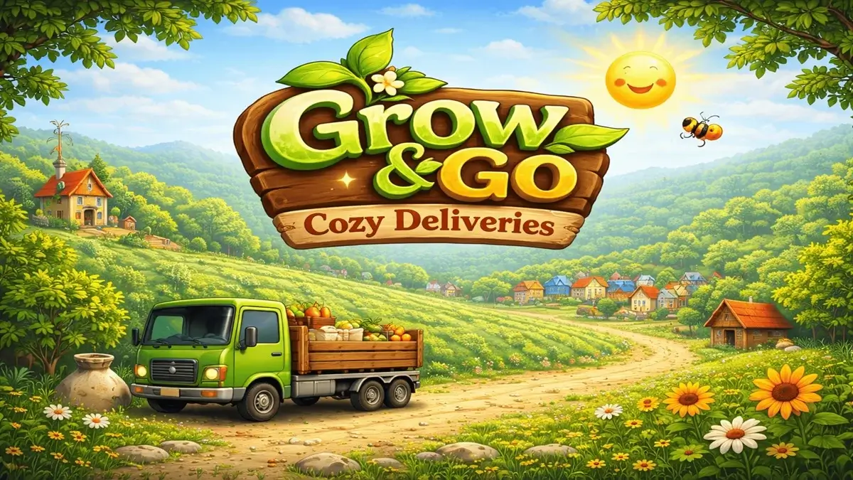 Epic Games Storeで無料配布中のゲーム『Grow & Go: Cozy Deliveries』のタイトルロゴと作物を積んだトラックのイラスト