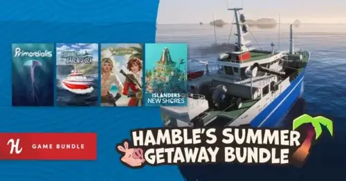 Humble Bundleの『Hamble's Summer Island Getaway Bundle』バナー画像と『ISLANDERS: New Shores』『Fishing: Barents Sea』など海や島をテーマにしたゲームのイラスト