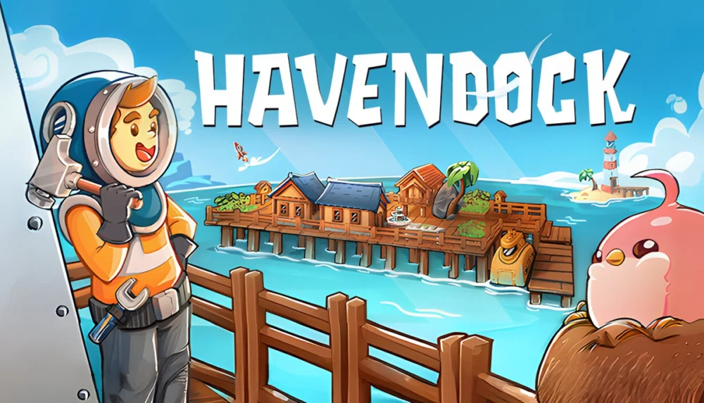 Amazon Luna・Prime Gamingで無料配布中の海洋クラフトシミュレーション『Havendock』のタイトルロゴと海上拠点のイラスト
