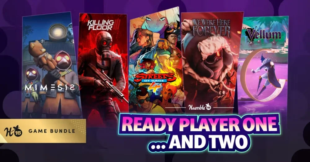 Humble Bundle 15周年記念『Ready Player One ...and Two Bundle』バナー画像と『ベア・ナックルIV』『Killing Floor 2』など協力プレイゲームのイラスト