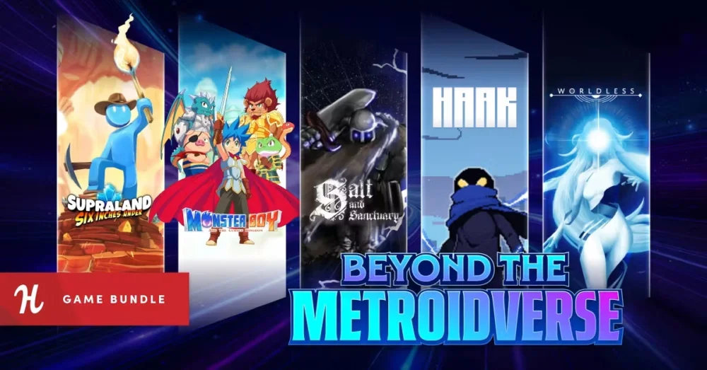 Humble Bundleの『Beyond the Metroidverse Bundle』バナー画像と『Salt and Sanctuary』『Monster Boy』などメトロイドヴァニア作品のイラスト
