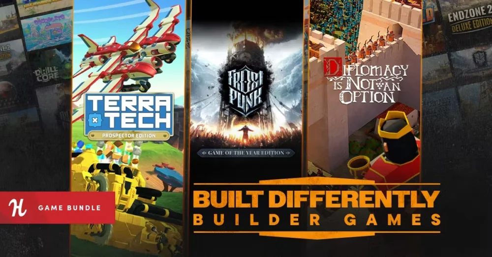 Humble Bundleの『Built Differently: Builder Games Bundle』バナー画像と『Frostpunk』『TerraTech』など収録タイトルのイラスト