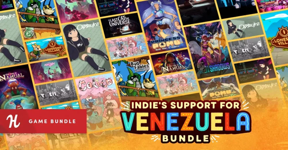 Humble Bundleの『Indie's Support for Venezuela Bundle』バナー画像と『Bug Fables』『TOEM』など収録タイトルのイラスト