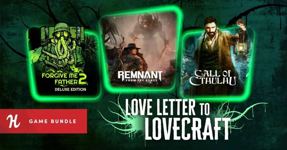 Humble Bundleの『Love Letter to Lovecraft Bundle』バナー画像と『Call of Cthulhu』『Remnant: From the Ashes』などクトゥルフ神話ホラーゲームのイラスト