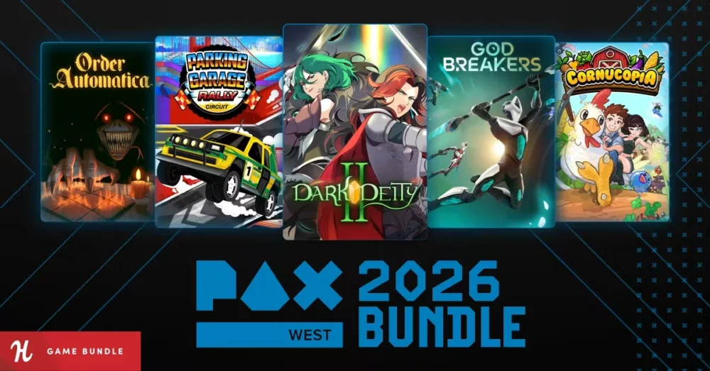 Humble Bundleの『PAX West 2026 Bundle』バナー画像と『Dark Deity II』『Cornucopia』などインディーゲームのイラスト