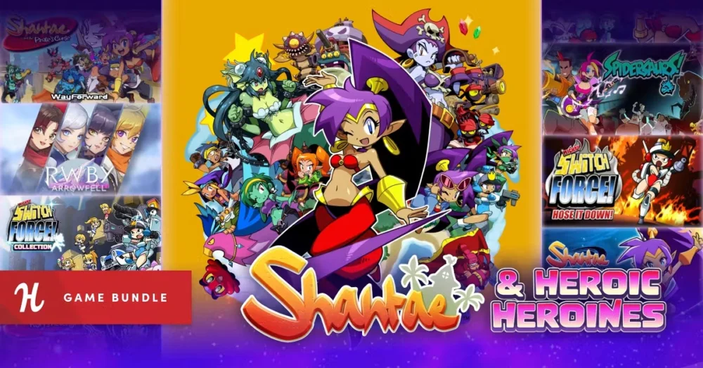 Humble Bundleの『Shantae & Heroic Heroines Bundle』バナー画像と『シャンティ』『RWBY: Arrowfell』など収録タイトルのイラスト