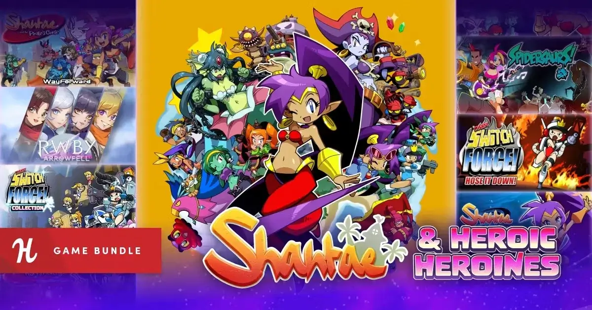 Humble Bundleの『Shantae & Heroic Heroines Bundle』バナー画像と『シャンティ』『RWBY: Arrowfell』など収録タイトルのイラスト