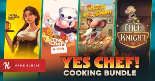 Humble Bundleの『Yes Chef! - Cooking Bundle』バナー画像と『Pizza Possum』『Tavern Manager Simulator』など料理ゲームのイラスト