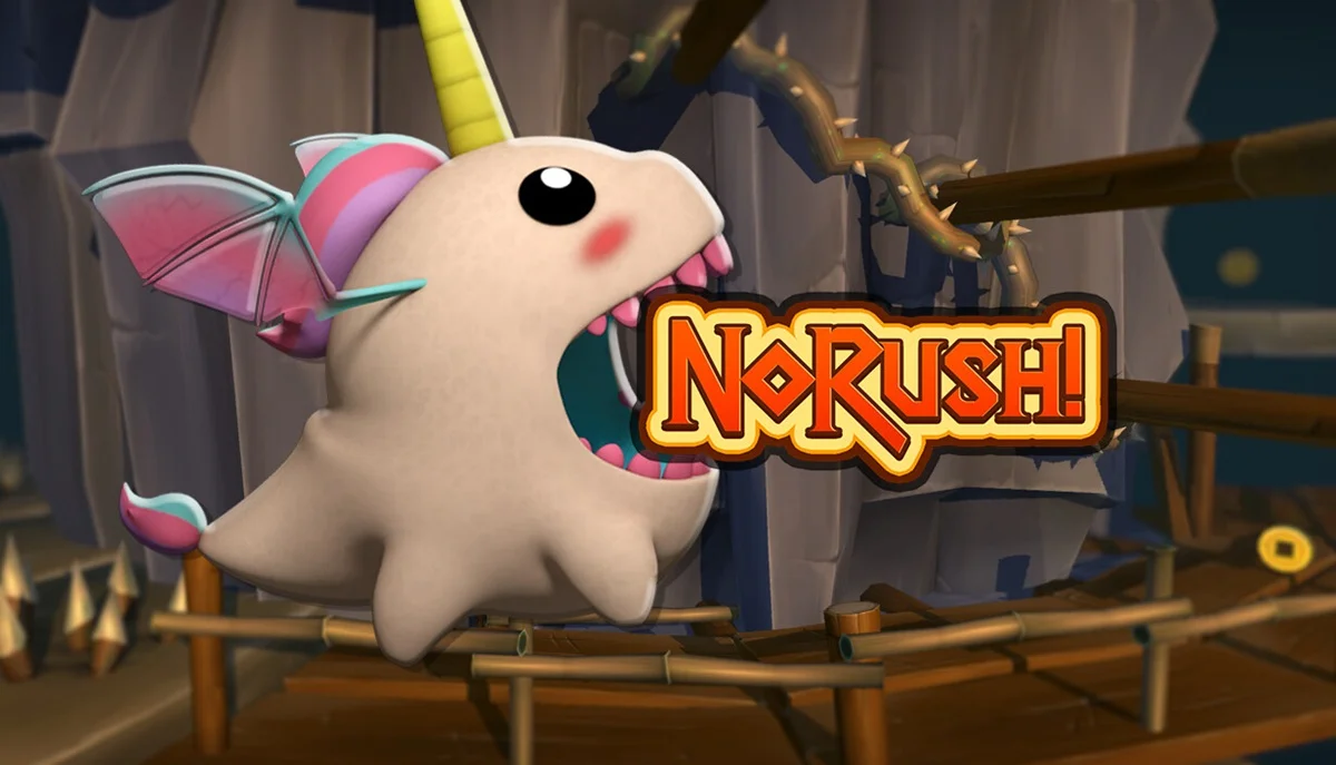 Epic Games Storeで無料配布中のゲーム『NoRush! - Tower Edition』のタイトルロゴとユニコーン風キャラクターのイラスト