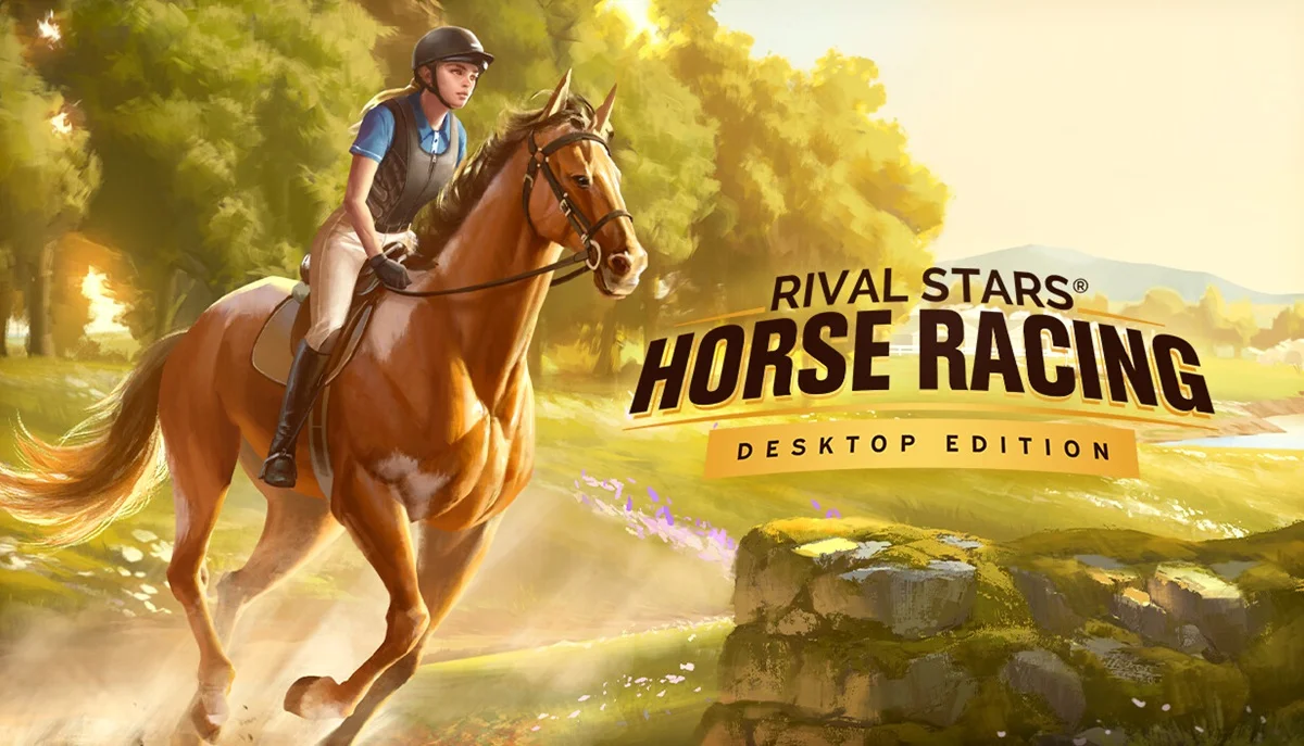 Epic Games Storeで無料配布中の競馬シミュレーションゲーム『Rival Stars Horse Racing: Desktop Edition』のタイトルロゴと馬に乗った騎手のイラスト