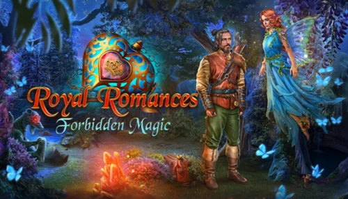 Amazon Lunaで無料配布中のアドベンチャーゲーム『Royal Romances: Forbidden Magic』のタイトルロゴと幻想的な森の中に立つ冒険者と妖精のイラスト