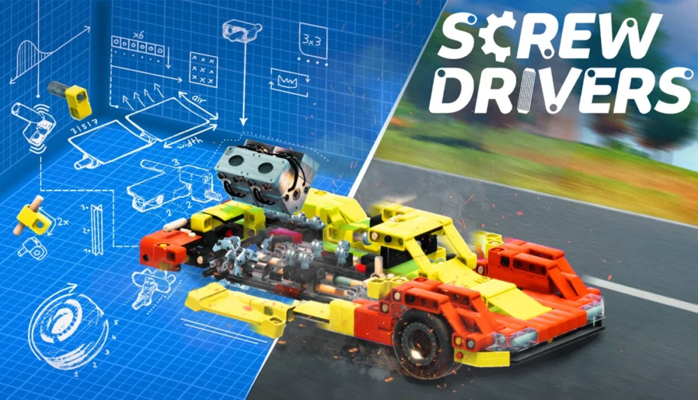 Steamで有料化が予定されているクラフトレーシングゲーム『Screw Drivers』のタイトルロゴと組み立て設計図・車両のイラスト