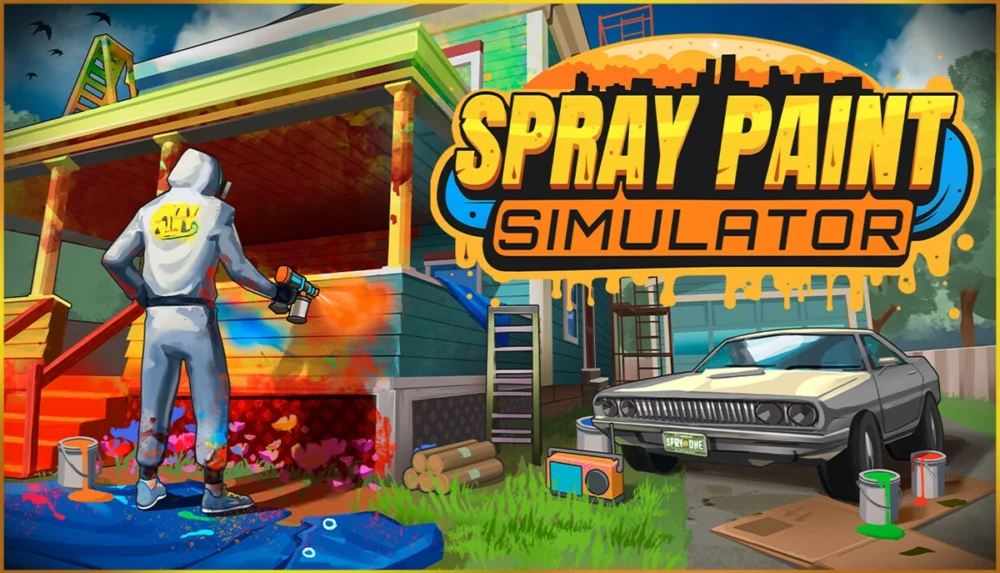 Amazon Lunaで無料配布中の作業シミュレーションゲーム『Spray Paint Simulator』のタイトルロゴとスプレー塗装をする作業員のイラスト