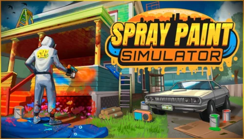 Amazon Lunaで無料配布中の作業シミュレーションゲーム『Spray Paint Simulator』のタイトルロゴとスプレー塗装をする作業員のイラスト