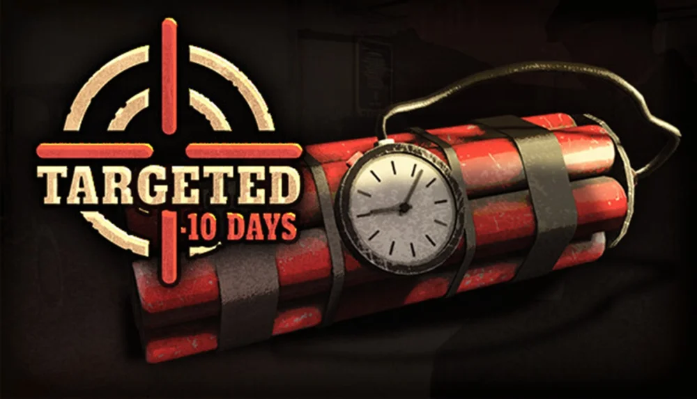 Epic Games Storeで無料配布中のゲーム『Targeted –10 Days』のタイトルロゴとキービジュアル