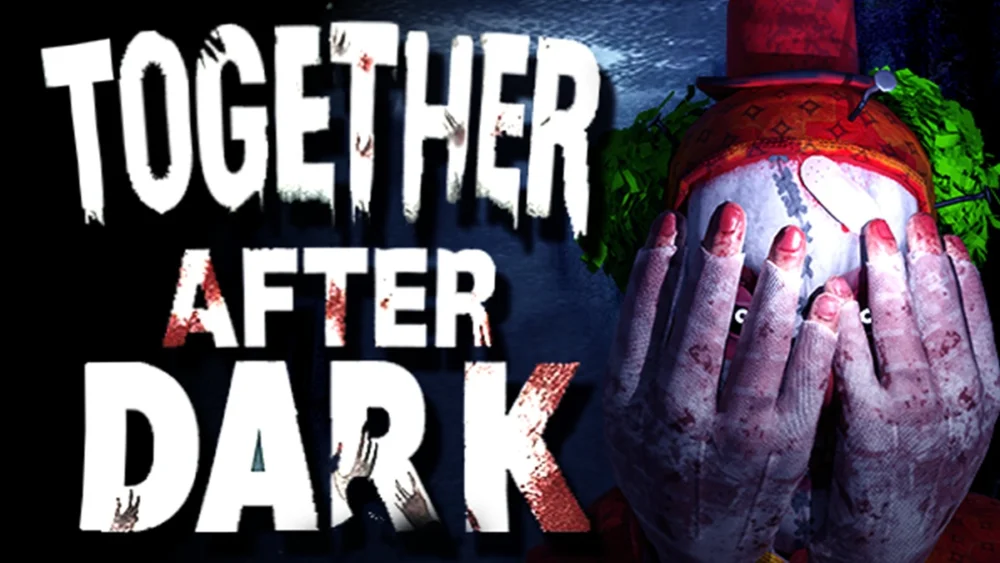 Epic Games Storeで無料配布中のホラーゲーム『Together After Dark』のタイトルロゴと顔を覆うピエロのイラスト