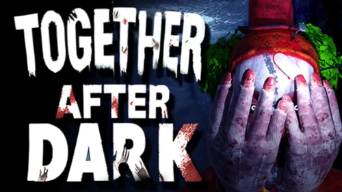 Epic Games Storeで無料配布中のホラーゲーム『Together After Dark』のタイトルロゴと顔を覆うピエロのイラスト