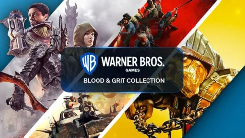Green Man Gamingの『WB Games: Blood & Grit Collection』バナー画像と『シャドウ・オブ・ウォー』『Mortal Kombat』などワーナー・ブラザース作品のイラスト