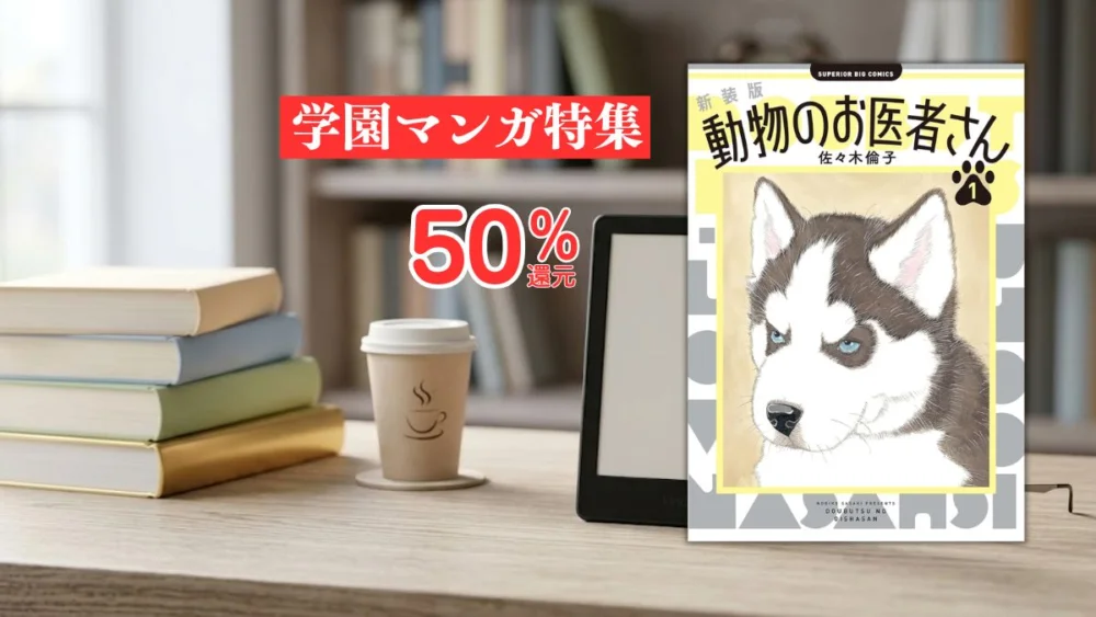 本棚と電子書籍端末を背景にした漫画『動物のお医者さん』第1巻の表紙と『学園マンガ特集 50%還元』のテキスト案内