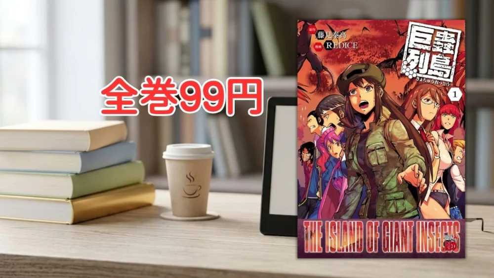 電子書籍端末とサバイバルホラー漫画『巨蟲列島』第1巻の表紙画像、および『全巻99円』のテキスト案内